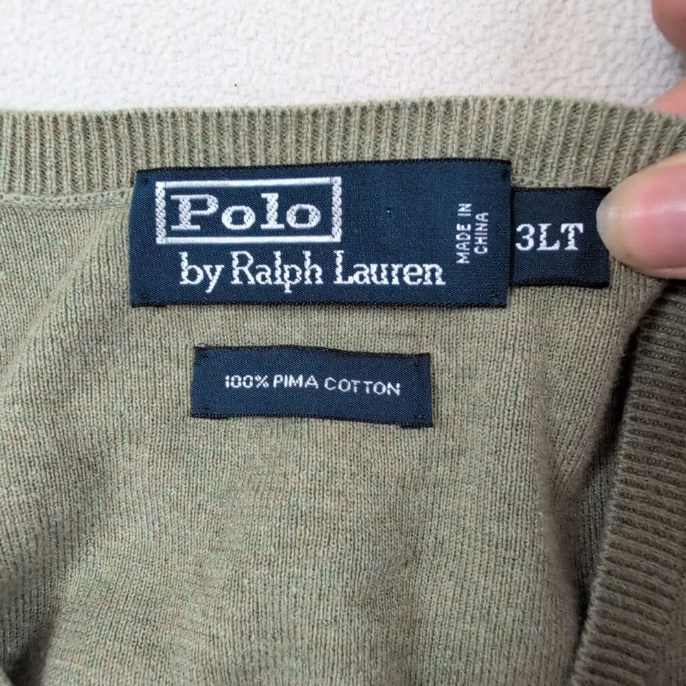 Vtg Polo Ralph Lauren Sweater Vest 3XLT Tall Green Pima Cotton V Neck Pony Logo